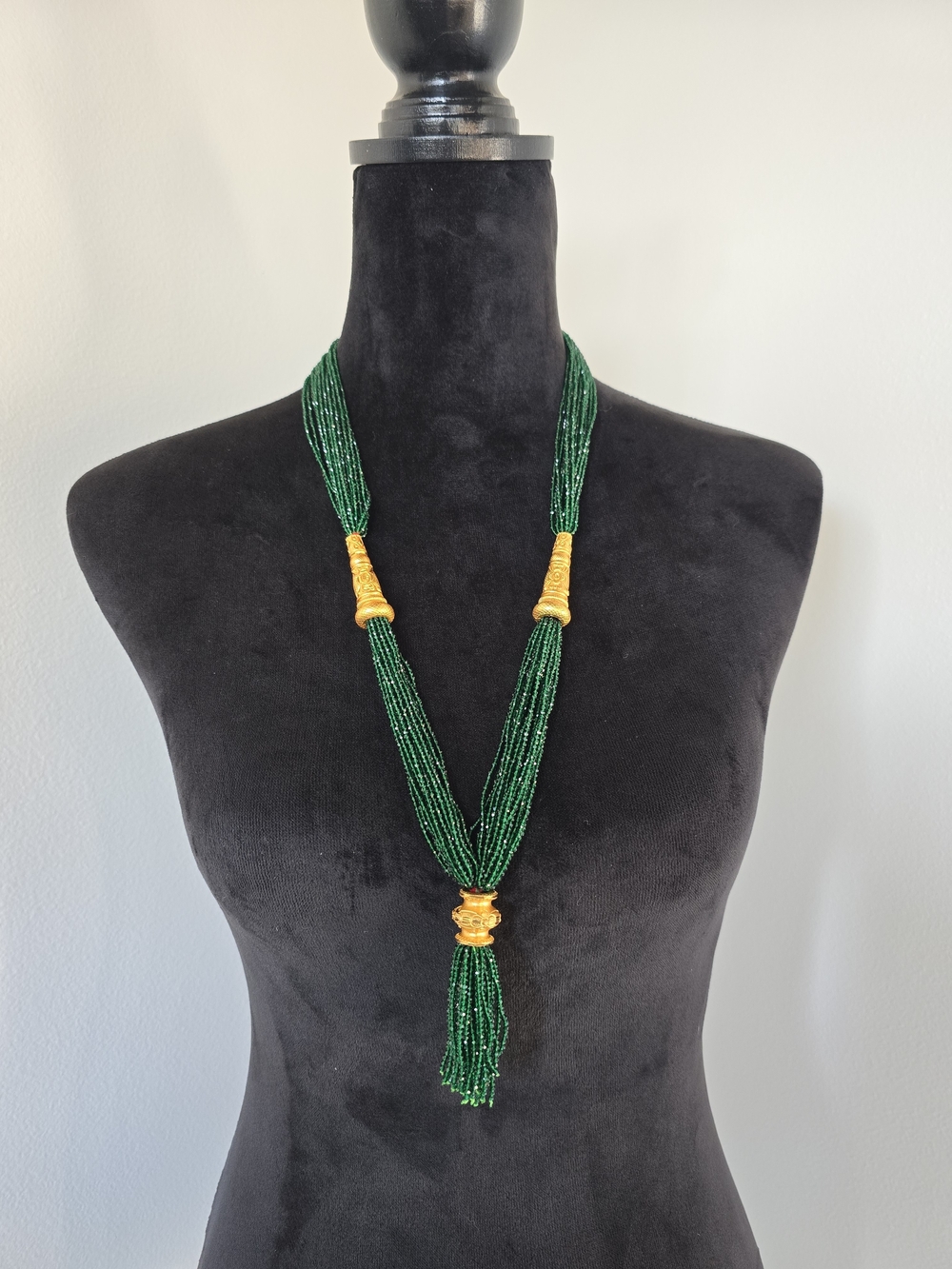 Green Multi-Strand Beaded Necklace with Gold Accents